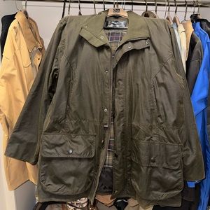 Olive green Barbour jacket.